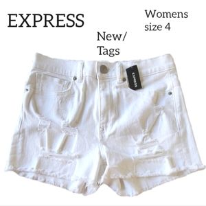 EXPRESS WOMENS WHITE DISTRESSED DENIM HIGH RISE SHORTS SIZE 4 NEW WITH TAGS